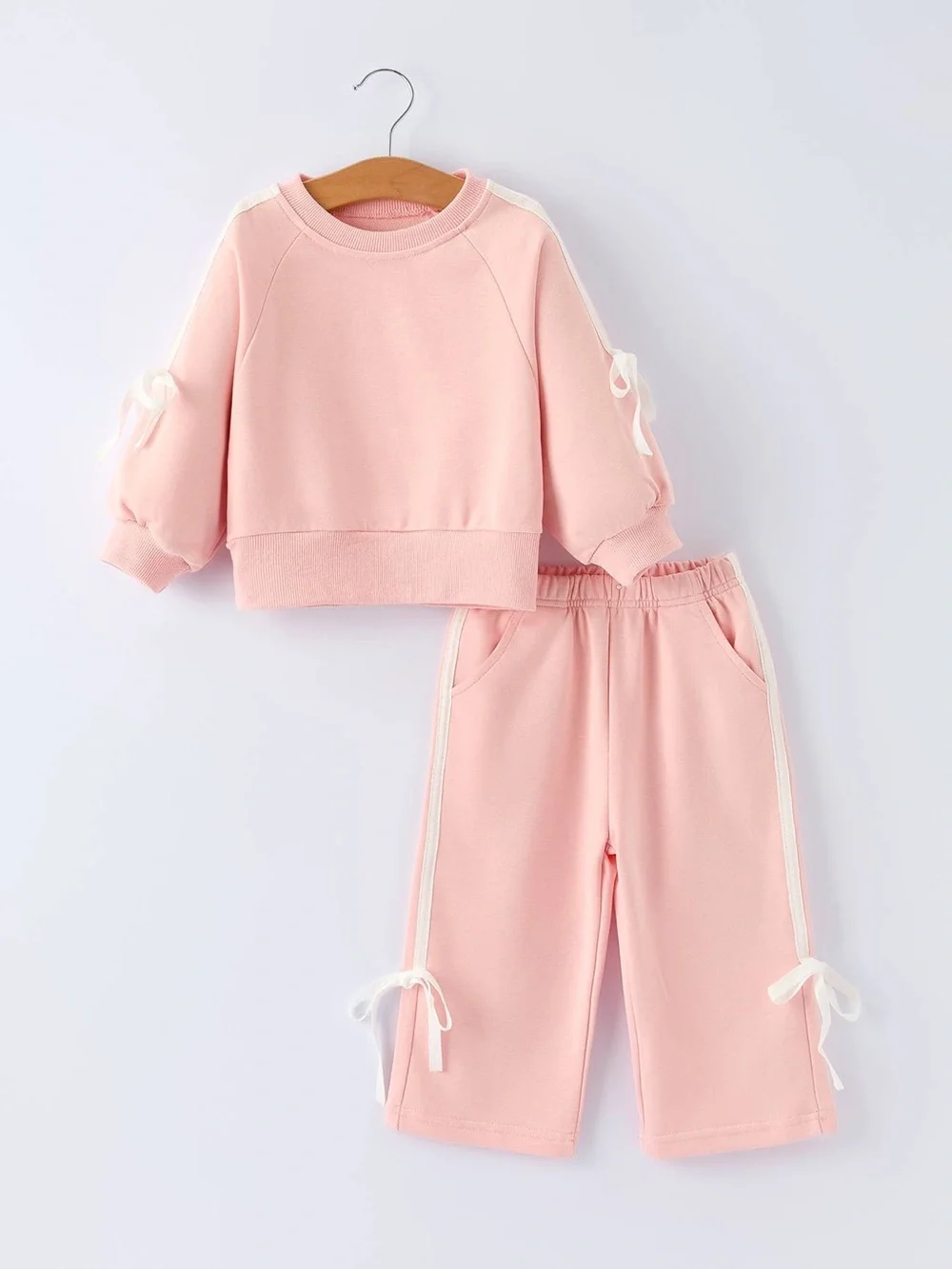 Girls Pink Bow Trim Sweatshirt and Pants Set